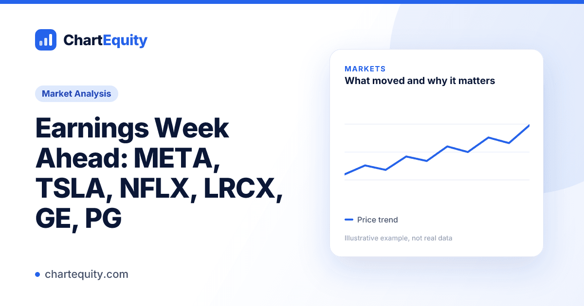 Market Analysis cover for "Earnings Week Ahead: META, TSLA, NFLX, LRCX, GE, PG" with an illustrative chart, Chart Equity