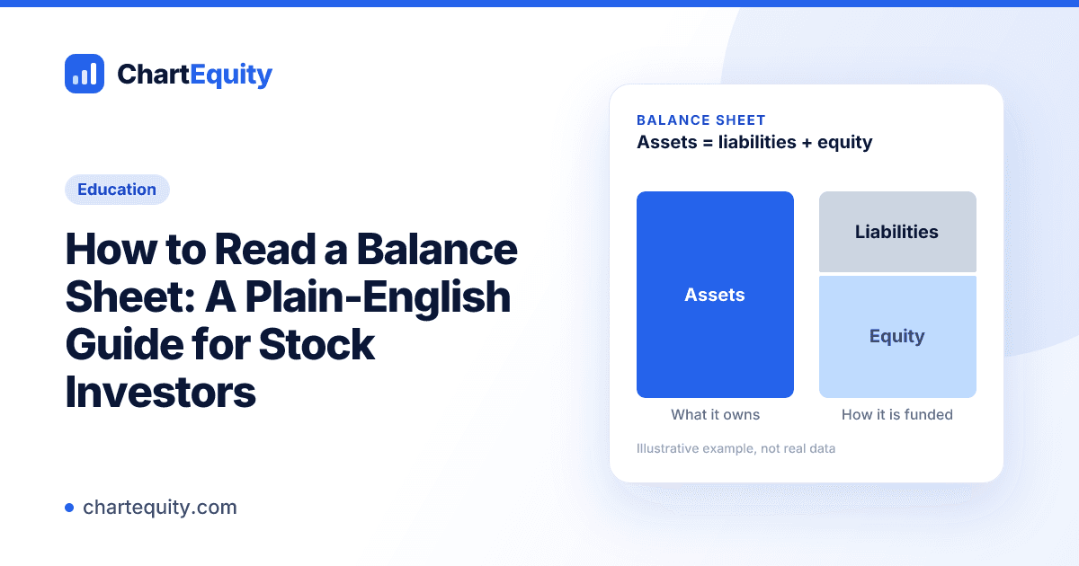 Education cover for "How to Read a Balance Sheet: A Plain-English Guide for Stock Investors" with an illustrative chart, Chart Equity