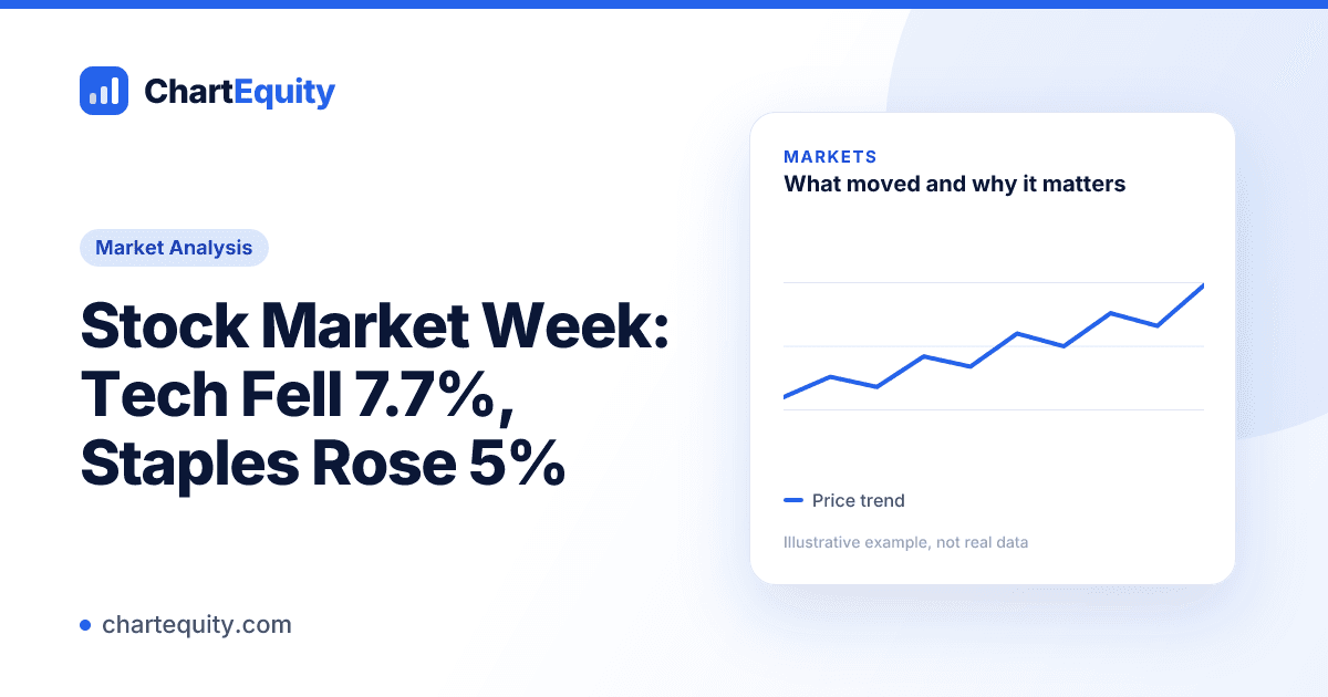 Market Analysis cover for "Stock Market Week: Tech Fell 7.7%, Staples Rose 5%" with an illustrative chart, Chart Equity